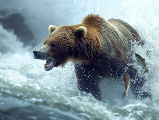 Sticker - A grizzly bear chasing a pink salmon in a forest river. Generative AI.