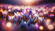 Magical Evening Light Shining Through Delicate Purple Crocuses in Full Bloom Easter Background