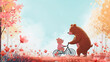 Mom bear teaches little sun bear ride a bike. Happy mother day
