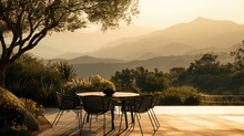 Rows Of Chairs Arranged Neatly Against A Stunning Backdrop Of Morning Mountain Views.