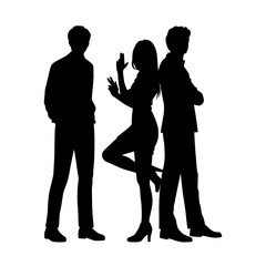 Wall Mural - Vector silhouettes of  two men and woman  a group of standing   business people, profile, black  color isolated on white background