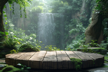 empty brown wooden podium on evergreen rain forest background with large waterfalls behind. Natural water product present placement pedestal counter display, spring summer jungle paradise concept.