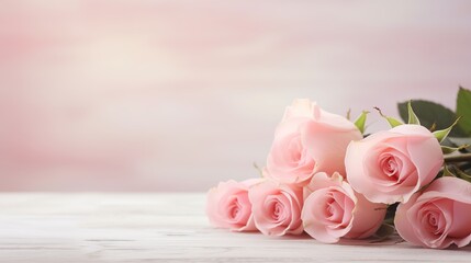 Pink rose twig and blurred bunch of roses on white wooden table in background. Women day concept. Holiday, 8 march, birthday, anniversary, spring, generative ai,