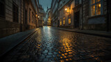Fototapeta Uliczki - Mystical Twilight in Prague: Rain-Slick Cobblestone Street Illuminated by the Warm Glow of Antique Street Lamps.