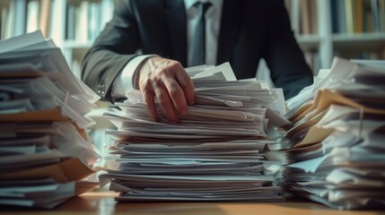 A businessman balancing a stack of paper documents.