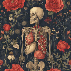 Wall Mural - Skeleton vintage anatomy of the human body repeat pattern, dark goth black