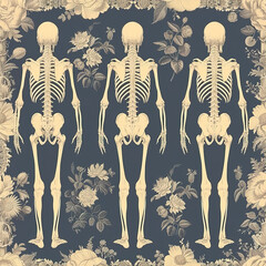 Wall Mural - Skeleton vintage anatomy of the human body repeat pattern, dark goth black