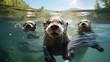 Otters swimming in a river.