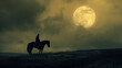 Cowboy auf seinem Pferd bei Vollmond auf eine Wiese oder Hügel als Schatten vielleicht ein Hintergrund