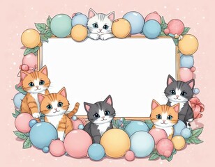 Aufkleber - A greeting card with a frame decorated with figures of kittens with colorful balls and a free place to insert text on a pink background