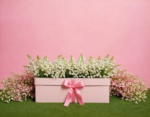 Aufkleber - Spring lily of the valley flowers framing a gift box and a pink ribbon with a bow with a free place to insert text on a pink background. The concept of a Valentine's Day, anniversary greeting card