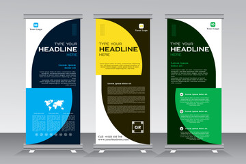 Roll up banner stand template design set, Vertical banner template. Universal stand for conference, seminar, exhibitions, promo banner vector background. Modern publication x-banner and flag-banne