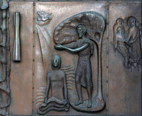 Canvas Print -  Baptism of Jesus, detail of the giant bronze door in the Basilica of the Annunciation, Nazareth, Israel