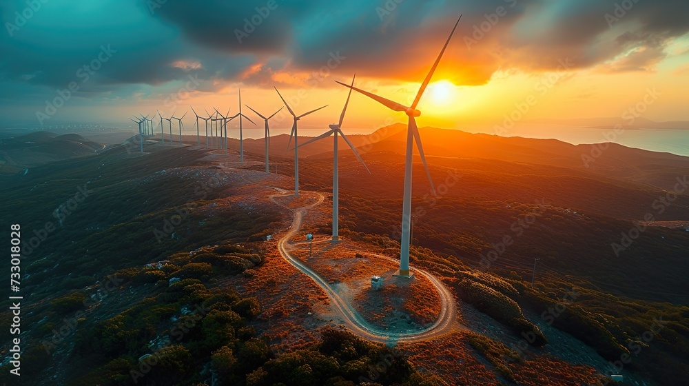 Wind energy: Sustainable, green energy from wind, sun and water. Wind farms and wind turbines for a green energy future.