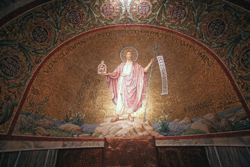 Canvas Print - John the Baptist standing on the banks of the Jordan river, mosaic in the Church of the Benedictine Abbey of the Dormition, mount Zion in Jerusalem, Israel