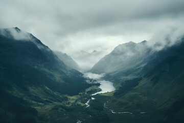 a stunning view of an expansive valley with a powerful river flowing through it, showcasing the beau