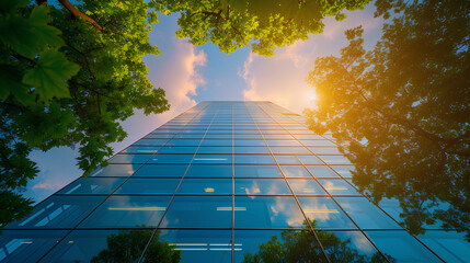 The modern building reflects nature and is an environmentally friendly building in the city, a sustainable glass building to reduce heat and carbon dioxide.