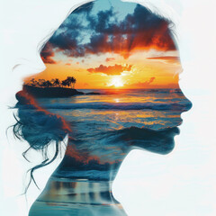 Silhouette woman with double exposure of sunset on the beach