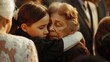 Funeral concept. Crying family and child hug grandmother for support, mourning depression and death at emotional burial event.