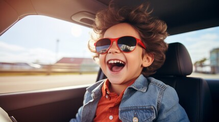 Poster - Close-up of a happy handsome little boy sitting in a child car seat in a car.