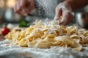 Close up view of hands making fresh italian pasta on wooden kitchen table