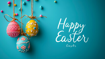 Wall Mural - An unusual and creative postcard background with Easter eggs suspended on thin multicolored strings and an inscription on a blue background. Happy Easter Day Celebration