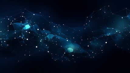 Digital dark blue background with glowing particles and lines.