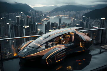 Futuristic vehicle parked on high ground the background is cityscape far away can be used to supplement advertisements for other product or service related to technology, the future, luxury or modern.