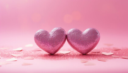 Pink background with hearts, two hearts on pink glitter In shiny background