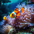 Immerse yourself in the beauty of the ocean with a clownfish swimming near colorful coral and anemones. AI generative.