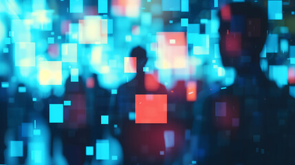 Abstract Silhouettes of People with Digital Pixel Bokeh Lights Futuristic Technology Concept