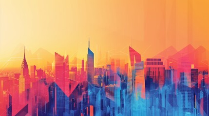 Wall Mural - Bold lines and geometric shapes depict a modern city skyline against a gradient backdrop