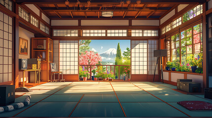 Wall Mural - beautiful anime japan background, japan room, background, japan vibes, cozy, relax, generative ai	