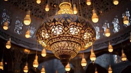 Poster - A mosque's chandelier with intricate arabic inscriptions