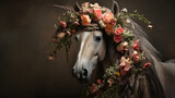 Fototapeta Konie - A horse with a floral wreath around its neck