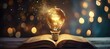 Illuminating pages of open book with glowing light bulb symbolizes enlightening power of education research and creative thinking book possibly piece of literature or scholarly text