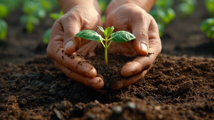 Wall Mural - Close-up of hands gardening, with soil and plants, conveying the love for cultivation