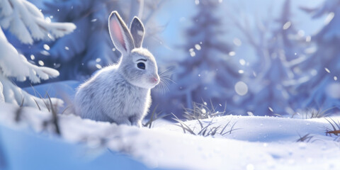 Wall Mural - cute rabbit in snow, generative AI