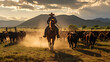 A cowboy on horseback herding cattle