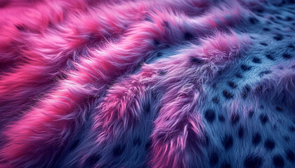  Neon pink and purple fur background fantasy. Abstract purple background texture. Soft skin texture. Modern design. Empty space for text. top view