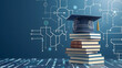 © Psykromia - Graduation Cap on Stack of Books with Digital Circuit Background Education Technology Concept
