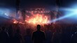 Concert crowd at a music festival with bright stage lights and smoke