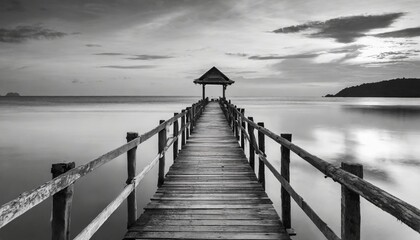 Poster - old wooden bridge or pier to the sea in black and white thailand