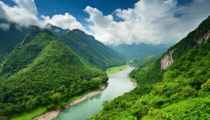 Wall Mural - mountain landscape with river green environment background