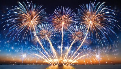 Wall Mural - firework show on blue night sky background with glow and sparkles new year concept invitation card p
