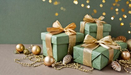 Canvas Print - new year banner with christmas gift boxes and golden decorations on khaki background