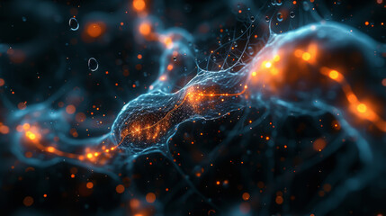 Close-up of neural network impulses. Artificial neural network technology, science, medicine. Technology, research concept.