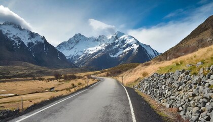 Wall Mural - road leading to a snowcapped mountain premium image