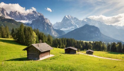 Sticker - alpine green meadow and wooden barns zugspitze mount in the background garmisch partenkirchen bavaria germany