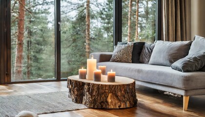 Poster - sofa with grey cushions and tree stump coffee table with candles against window with forest view scandinavian home interior design of modern living room in chalet